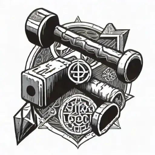 A Tattoo Design Of A Carpenter's Hammer And Chisel Intertwined With Buddhist Symbols