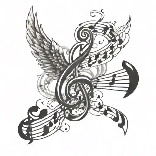 A Tattoo Design Featuring Musical Notes Intertwined With Angel Wings