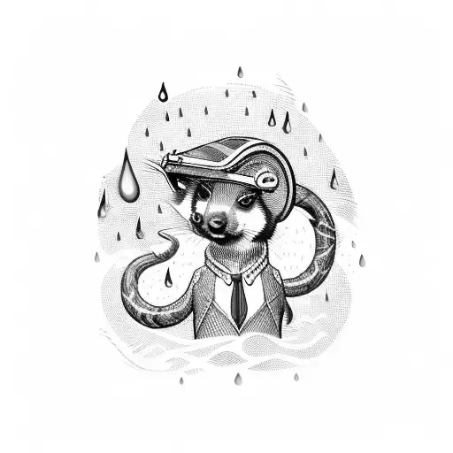 Weasel Wearing A Rain Coat On The Back Of A Moustached Fish With A Striped Sweater