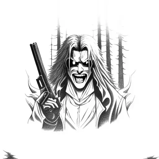 A Horror Movie Scene With Alucard From Hellsing Holding A Gun In A Dark Forest