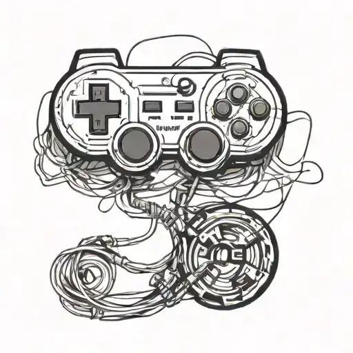 A Minimalist Tattoo Design Of A Retro Video Game Controller Intertwined With Car Parts