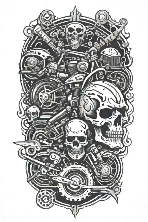 Hot Rod And Harley Style With Railroad Tracks Down The Center Of Skulls And Motorcycle Engines