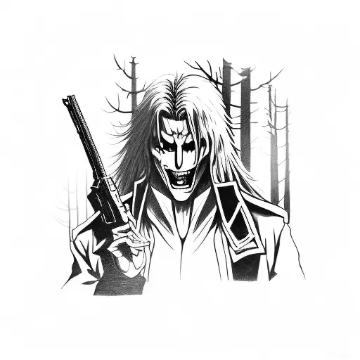 A Horror Movie Scene With Alucard From Hellsing Holding A Gun In A Dark Forest