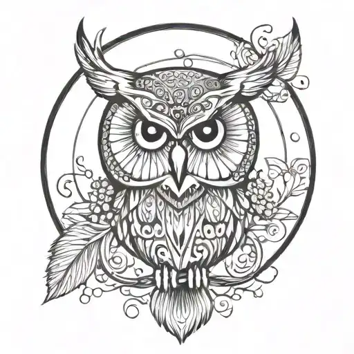 Owl In A Circle In Scandinavian Style And Symbols Incorporated