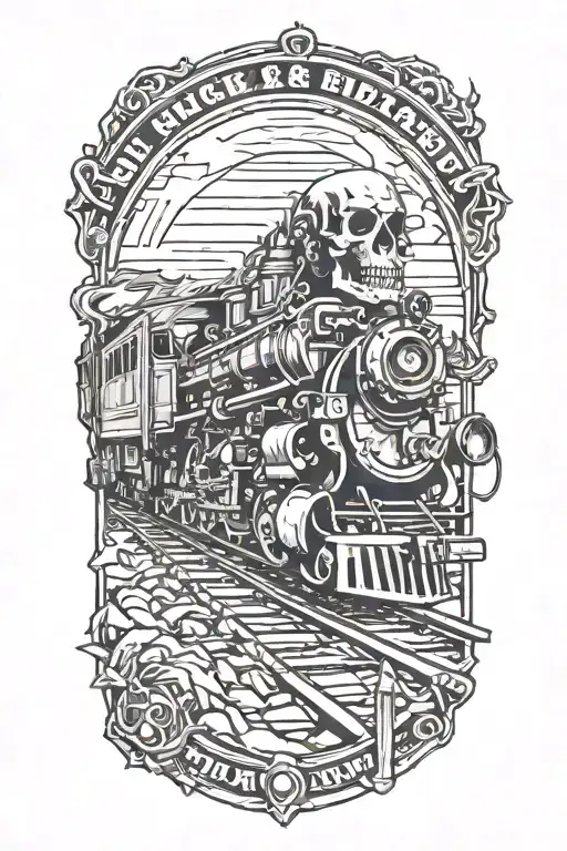 Railroad Tracks Circling The Right Side With Grim Reaper Skull And High Horsepower Engines