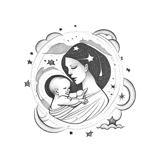 A Celestial Scene With A Mother Holding Her Baby Surrounded By Clouds And Stars