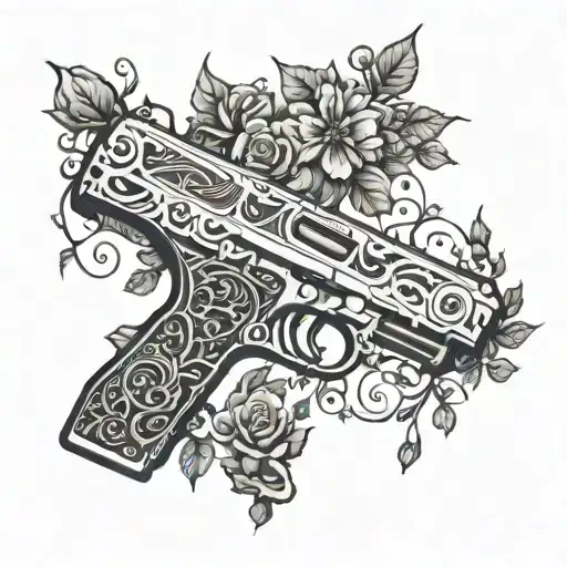 Create A Blackwork Tattoo Of A Powerful Gun Wrapped In Elegant Floral Vines