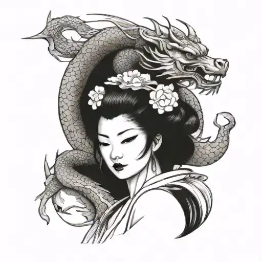 Geisha And Dragon Wrapped Together
