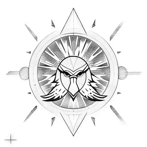 Geometric Eagle Crest Above A Sun Partially Eclipsed By A Larger And Smaller Moon