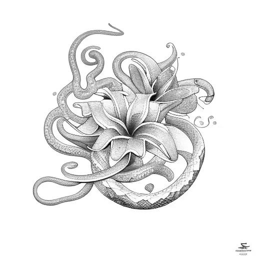 Snake Swirling Over Lily Surrounded By Butterflies