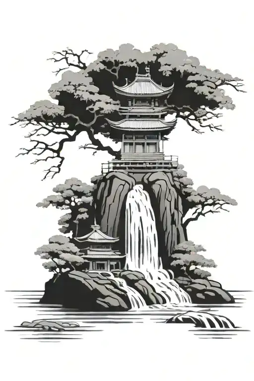 Japanese Temple Waterfall Flowing