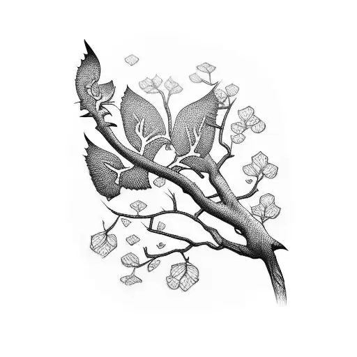 Sleeve Tattoo Of Crane With Cherry Tree Branches