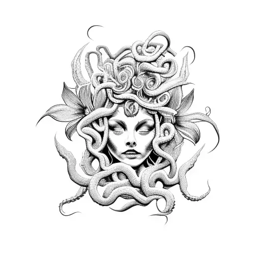 A Blackwork Tattoo Of Medusa's Face With Spider Lillies As Her Hair