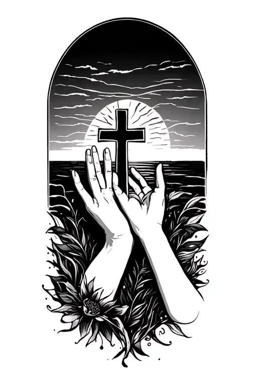 Sunset Background With Moms Hand Reaching Out For My Hand And Touching With Cross