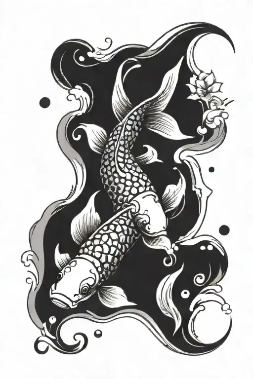 Japanese Koi Fish Swimming In A Traditional Watercolor Wave Design