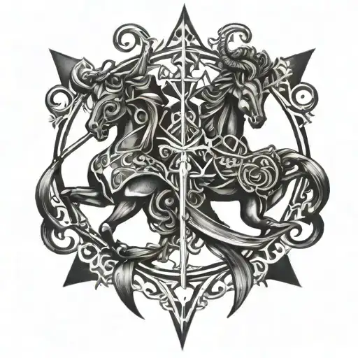 A Gothic-inspired Tattoo Of A Gemini And Sagittarius Intertwined In A Blackwork Style