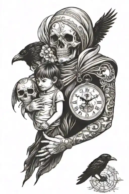 Woman And Child Walking Hand-in-hand With The Raven Illuminated Skull And Broken Time Piece