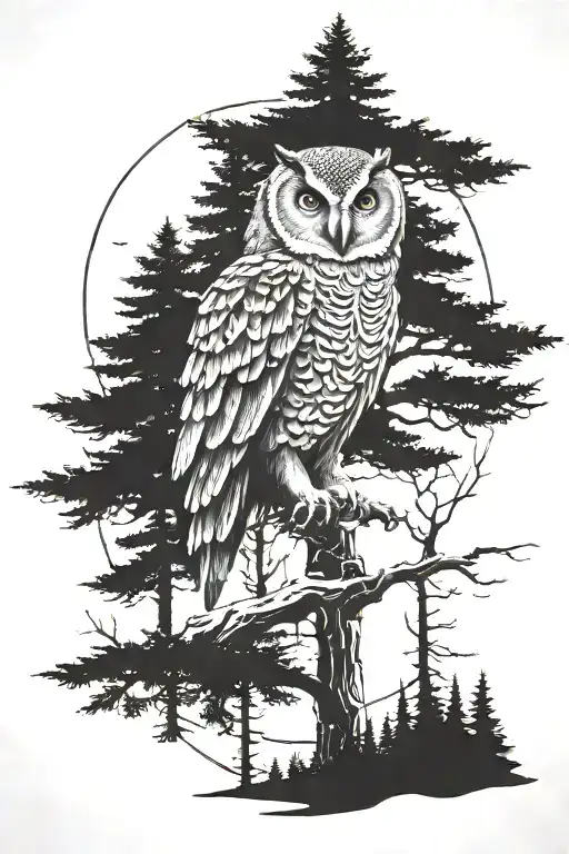 Pine Tree Forest Scene With A Hidden Owl Perched