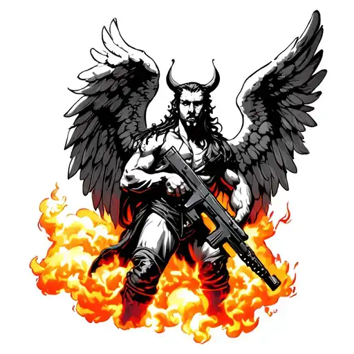 Angel Holding Assault Rifle In Clouds Devil With A Uzi Standing In Fire