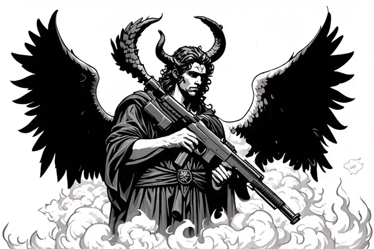 Angel Holding Assault Rifle In Clouds Devil With A Uzi Standing In Fire