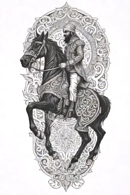 Man On Black Horse Goes Through Fire Middle Eastern