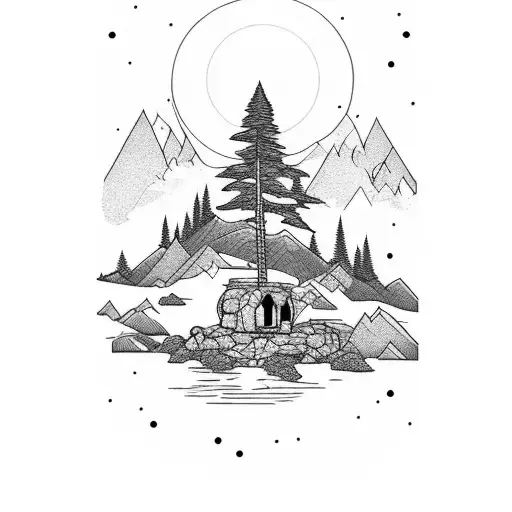 Mountain Scene With Campfire And Trees And Water And Clouds