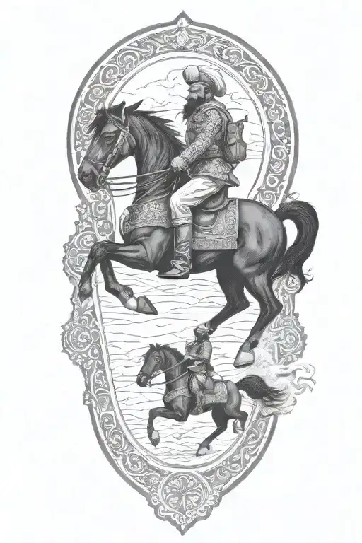 Old Iranian Soldier With Black Horse Goes Through Fire