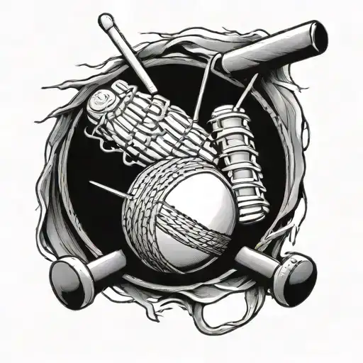 A Combination Of Gym Equipment And Cricket Gear In Blackwork Style