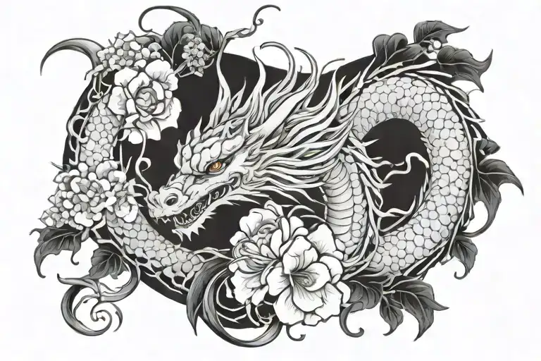 Dragon With Geisha And Flowers