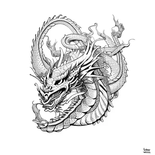 Dragon With Skulls And Waves And Flowers