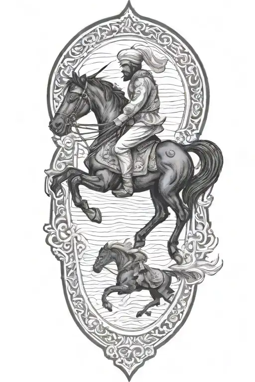 Old Iranian Soldier With Black Horse Goes Through Fire