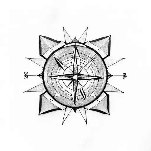 A Minimalist Blackwork Tattoo Of A Mountain Peak With A Compass Rose Integrated Into The Design