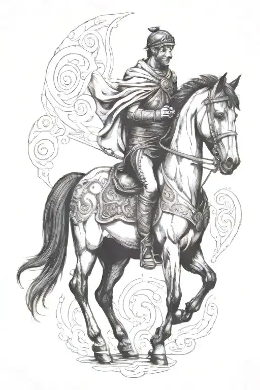 Roman Man On Black Horse Goes Through Fire