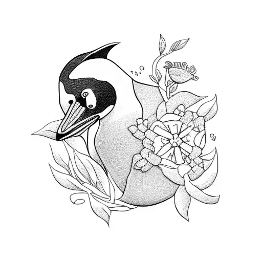 A Combination Of Floral And Penguin Elements In A Minimalist Blackwork Style