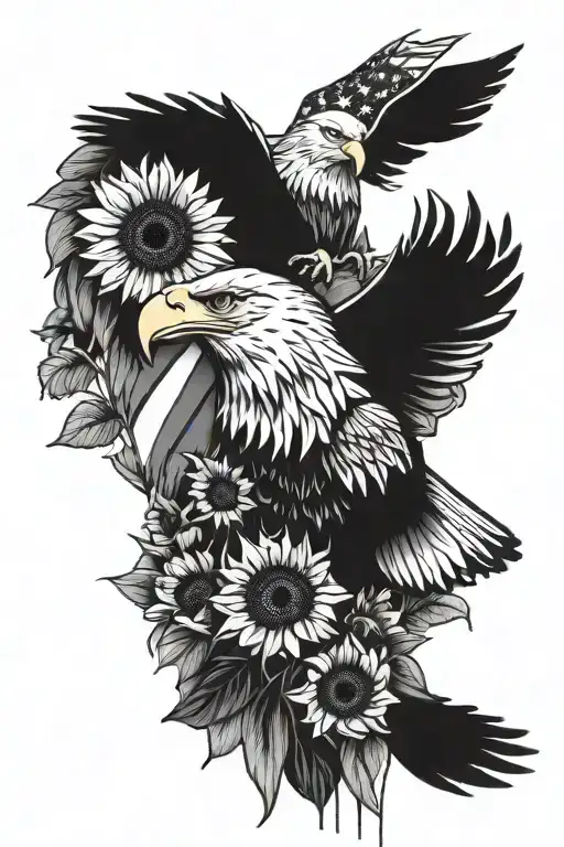 Tatered American Flag Bald Eagle Sunflowers Intertwined
