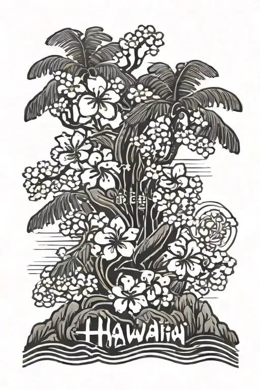 Hawaiian Islands With Ouchi In Kanji Characters With Sakura Trees As Background