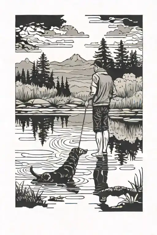 Man And Dog Standing In Front Of Lake Reflecting