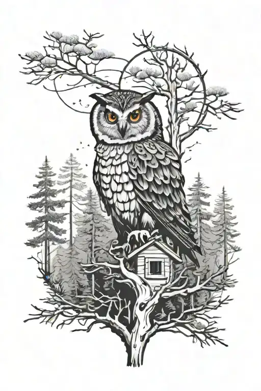 Pine Tree Forest Scene With A Small Owl Perched Atop
