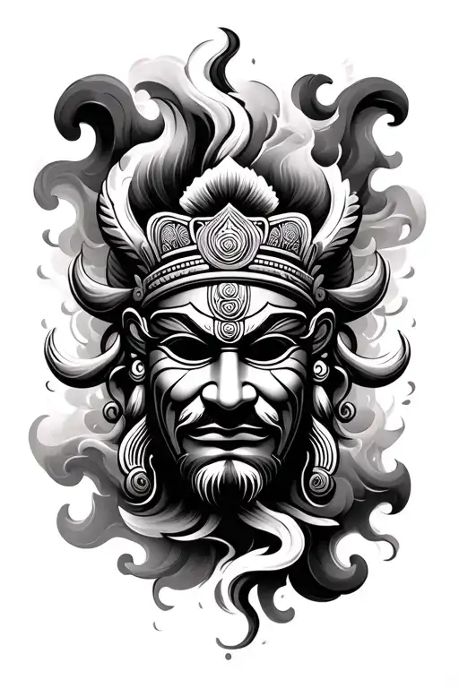 Traditional Nepalese Mask Portrait Fading Into Swirling Smoke