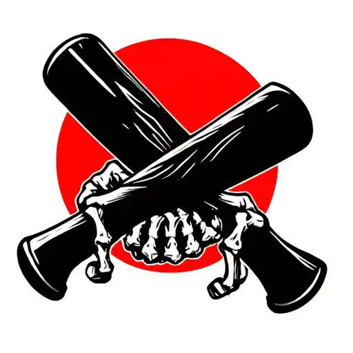 Skeleton Hands Holding Two Crossed Wooden Baseball Bats