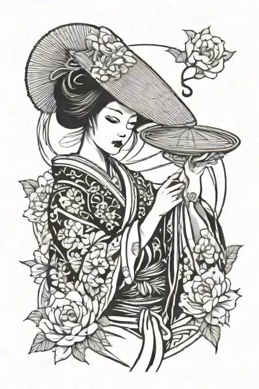 Geisha Using Oriental Straw Hat Holding A Omamori Amulet With Floral Filler
