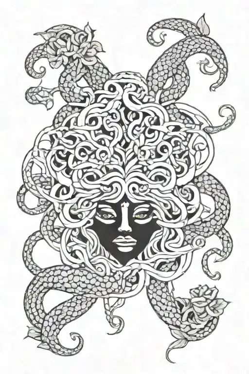 Medusa Head Surrounded By Snakes And Flowers Intertwined
