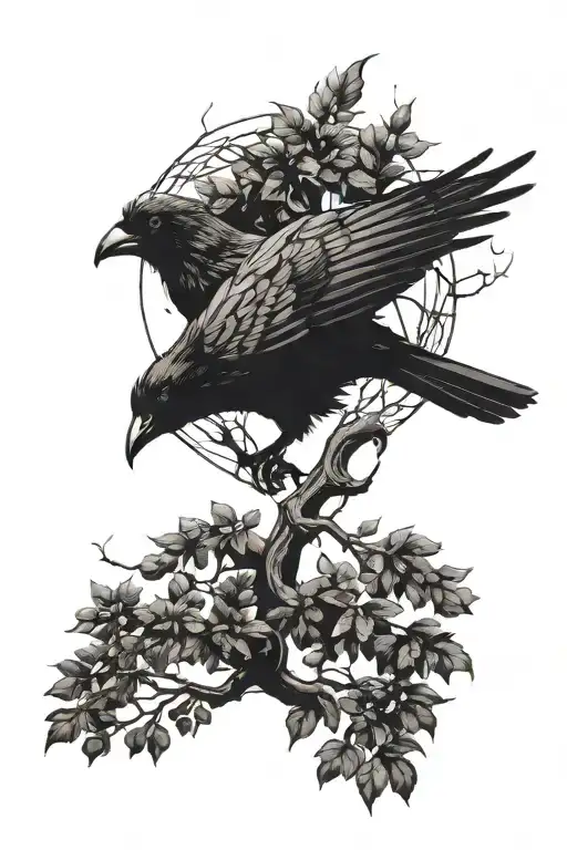 Black Ink Tree Branches With Raven Flying