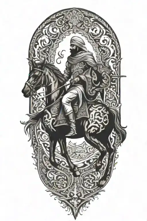 Man On Black Horse Goes Through Fire Middle Eastern