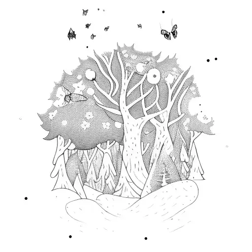 A Mystical Forest Scene With Moths Fluttering Around The Trees And Stars Shining Above