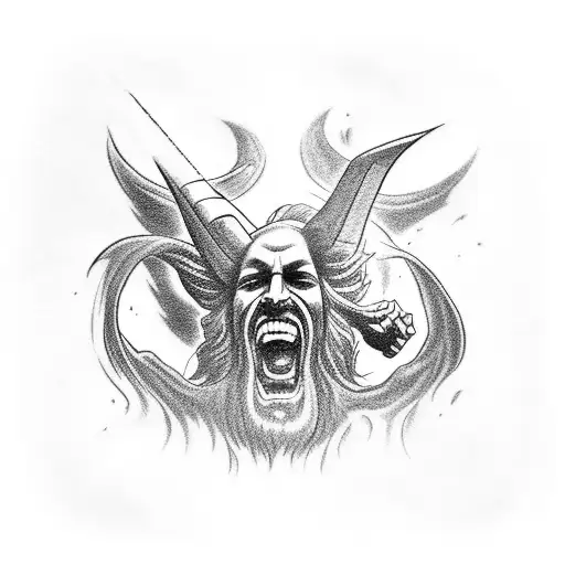 A Blackwork Tattoo Of Jesus Crushing Lucifer's Head In Hell