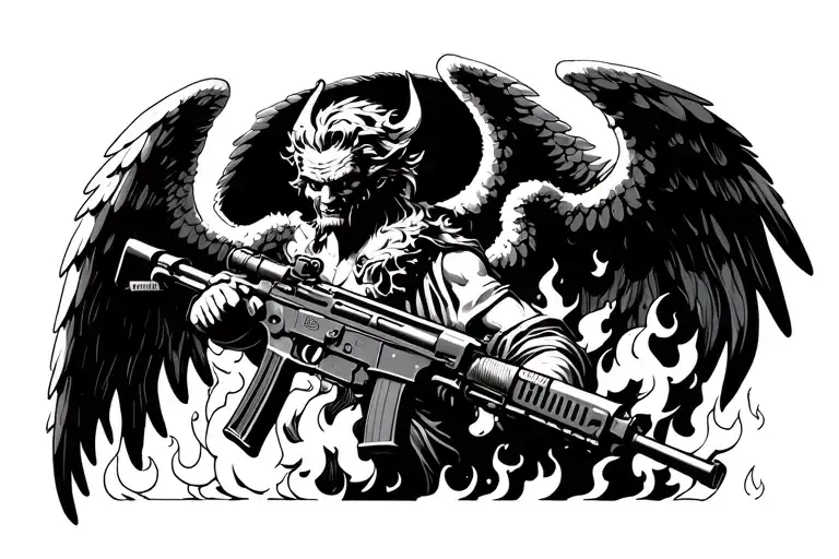 Angel Holding Assault Rifle In Clouds Devil With A Uzi Standing In Fire