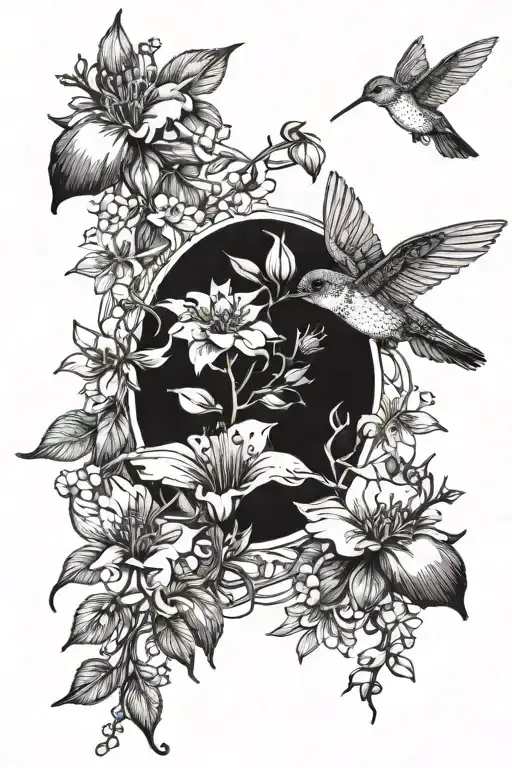 Honeysuckles Around Hummingbird With Other Insects