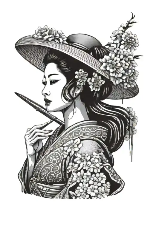 Geisha Using Oriental Straw Hat Holding A Fan With Chrysanthemum Floral Filler