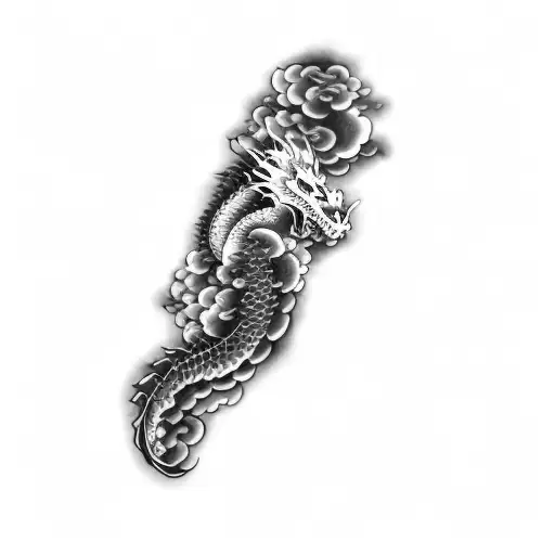 A Dragon On A Black Background Without The Building And Replace Flowers With Chinese Style Clouds